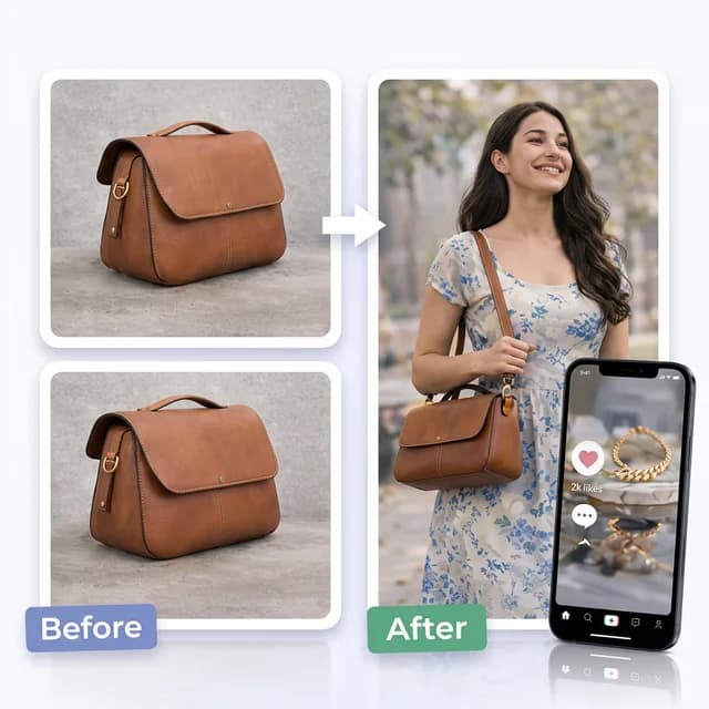 Before and after: plain product photo transformed into professional model shoot with phone mockup
