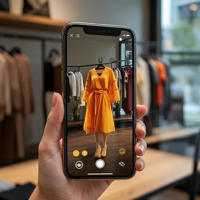 Phone displaying AI model wearing an orange dress in a clothing store